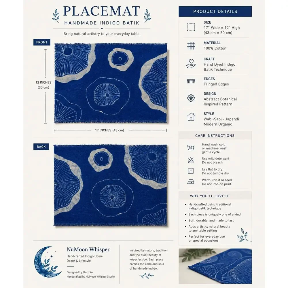 Handmade Cotton Placemat | Indigo Batik Table Mat | Lotus Table Decor
